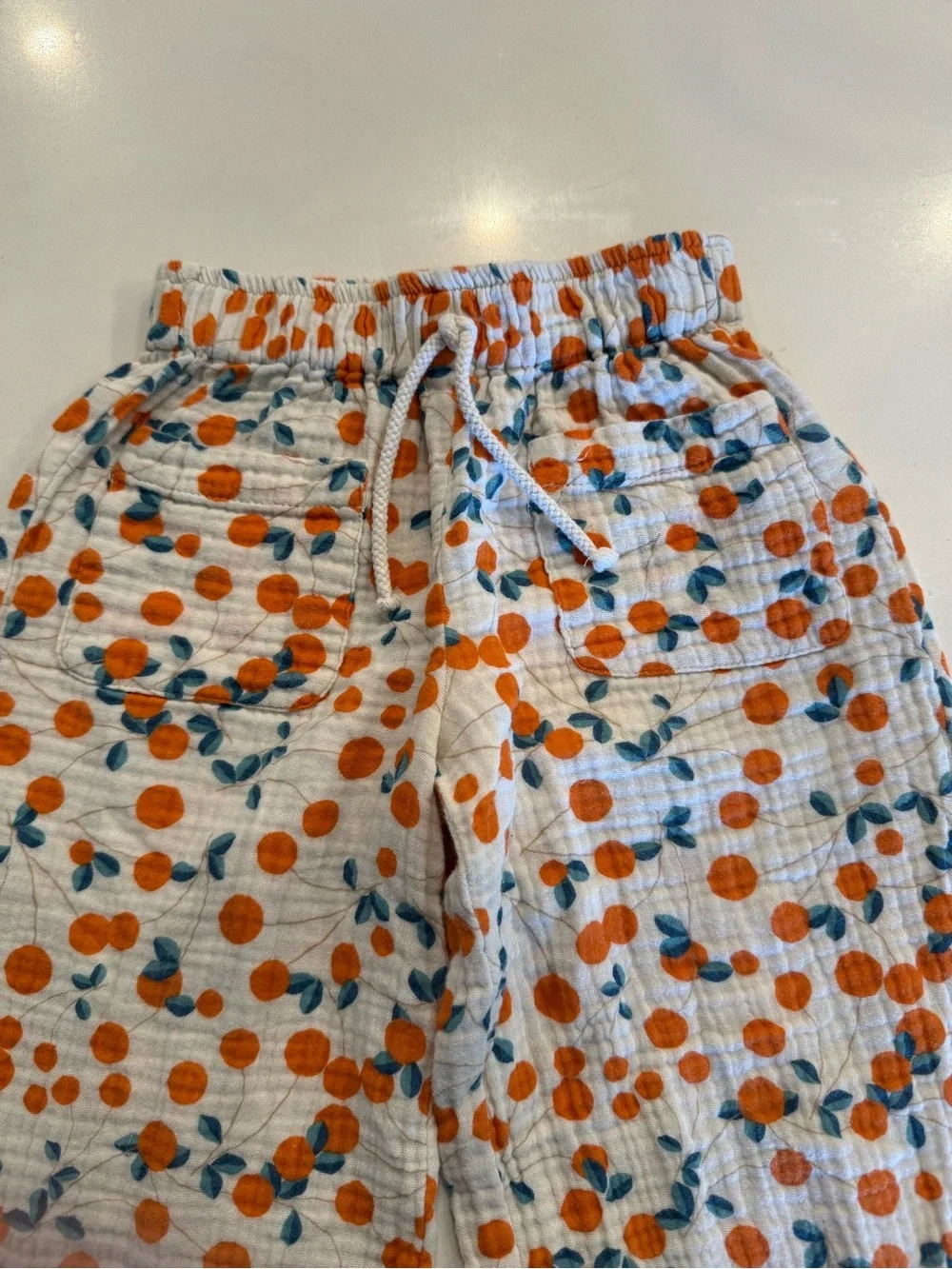 Zara White Pajama Pants with Orange Dot and Teal Leaf Print